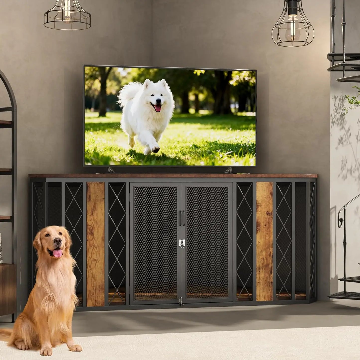Corner Wooden Dog Crate Furniture With Diamond Metal Decoration Kennel
