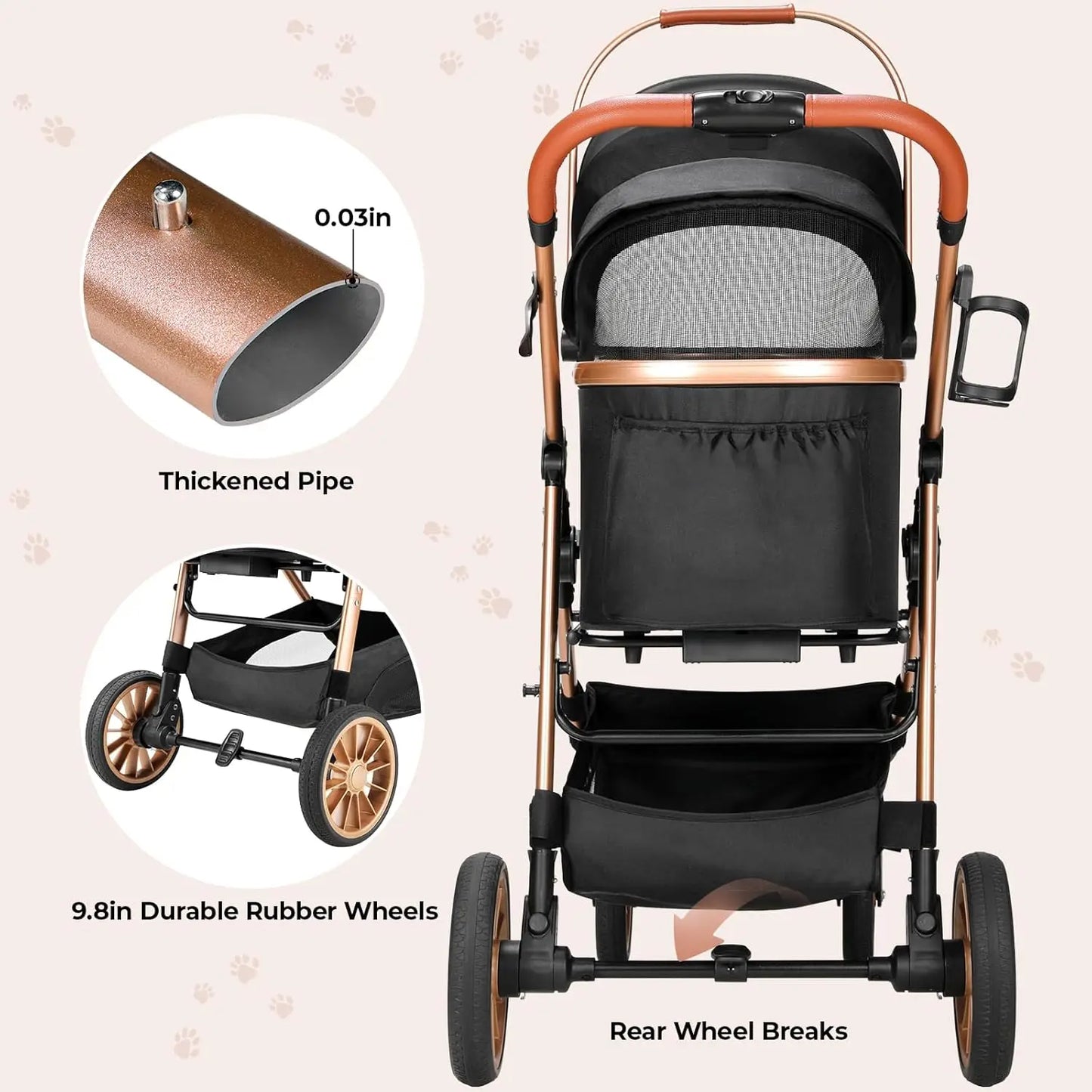 360 Degree High Wheels Foldable Pet Stroller 2in1 Dog Cat Buggy Max Load 25 Kg
