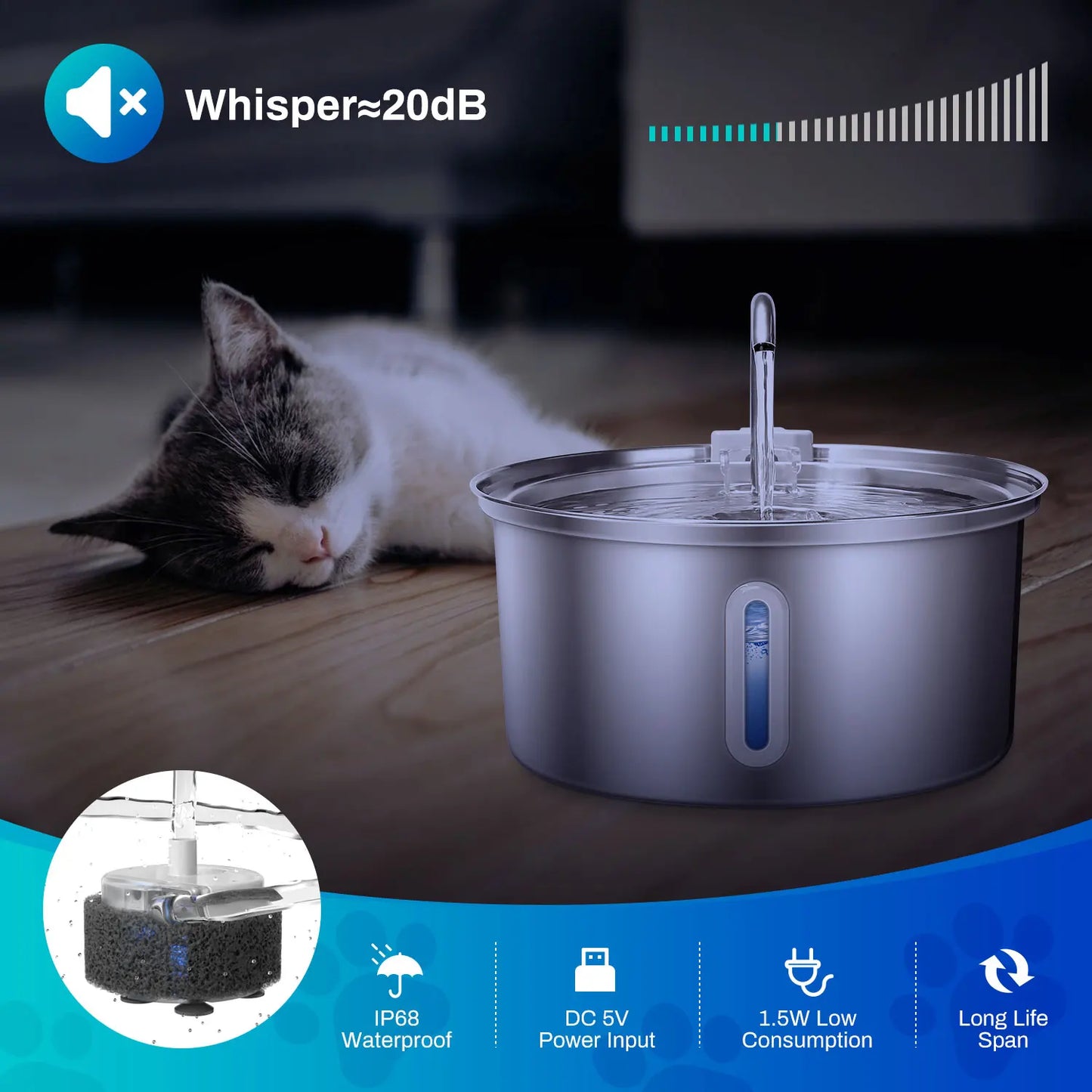 Cat Water Fountain Stainless Steel With Ultra Quiet Pump Filtration