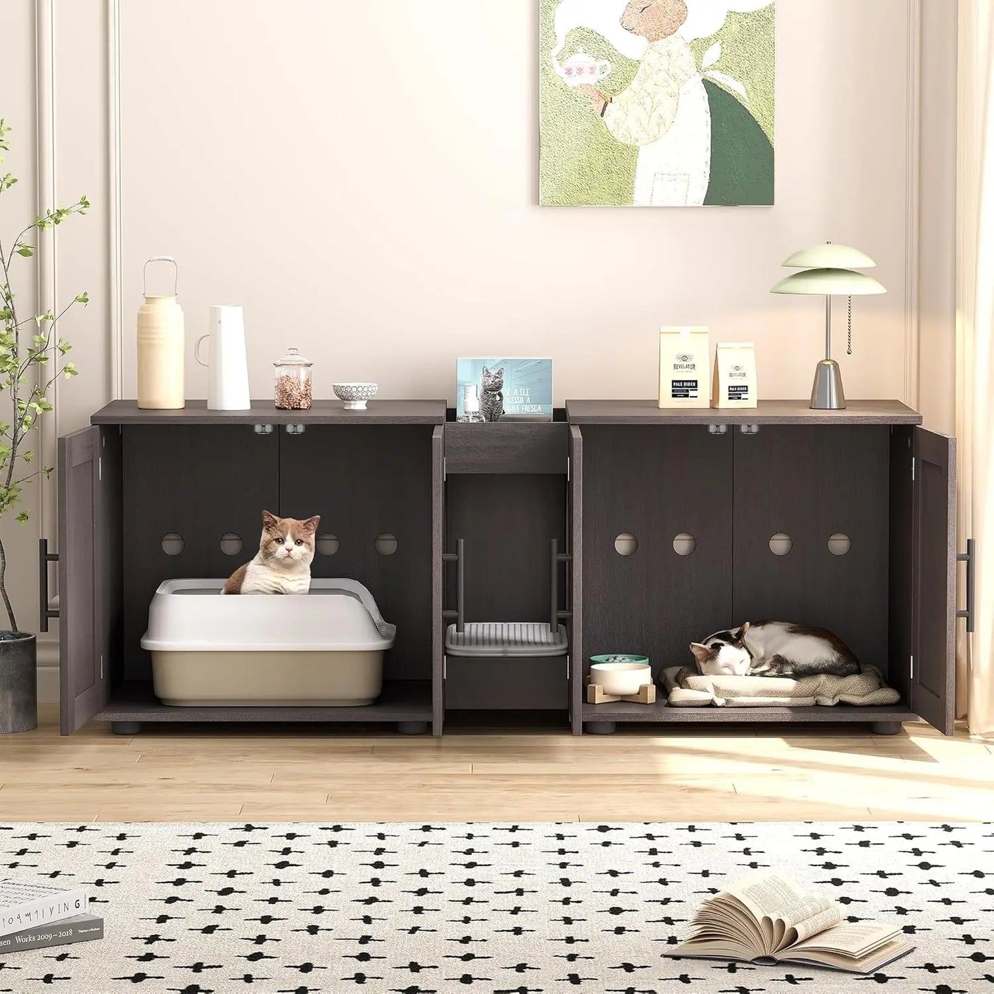 3-in-1 Wooden Washroom Cabinet with Double Compartments Cat Door & Scratching Pad Cat Litter Box Enclosure for Cats Supplies