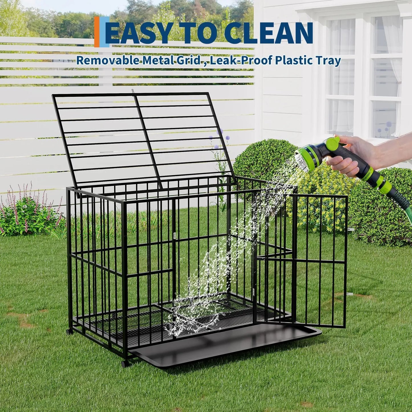 HiMISS Indestructible Stainless Steel Dog Crate with Wheels and Tray
