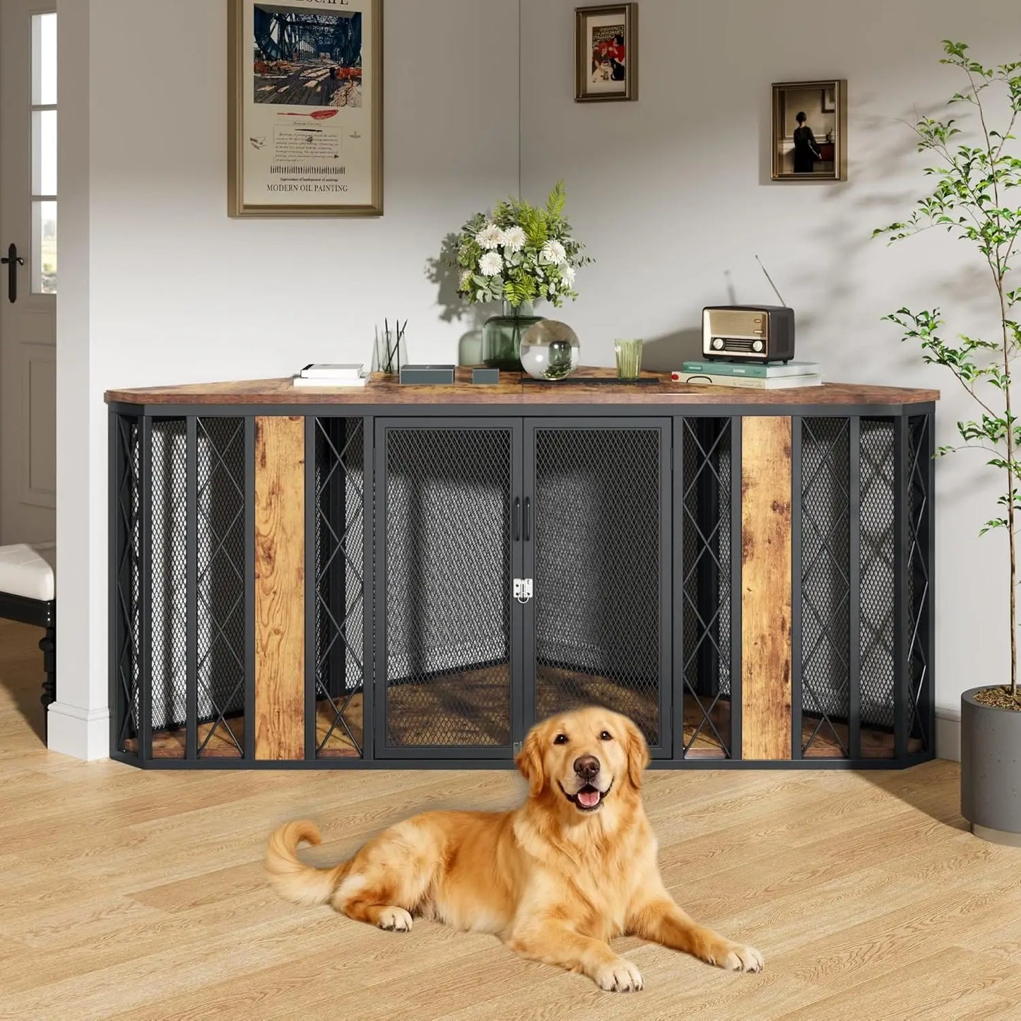 Corner Wooden Dog Crate Furniture With Diamond Metal Decoration Kennel