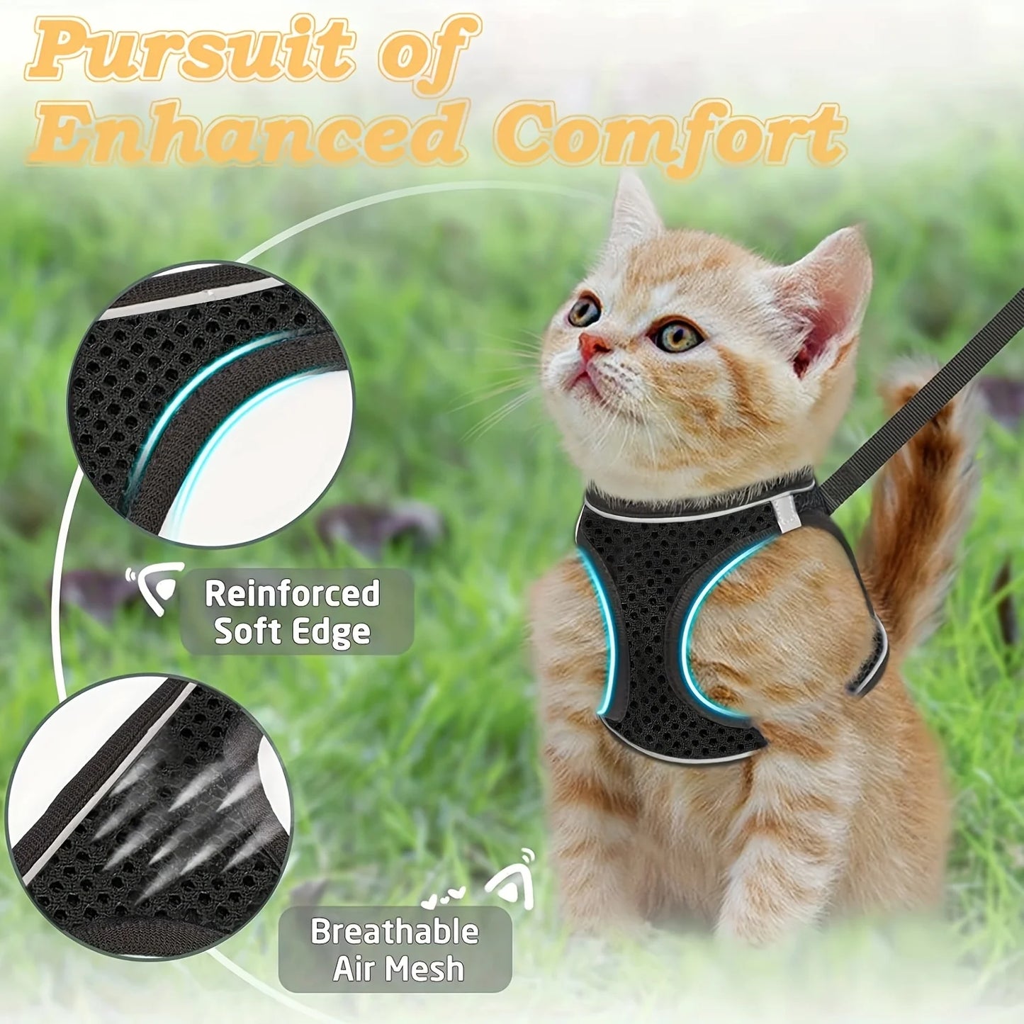 Reflective Cat Harness And Leash Set With Mesh Vest Polyester