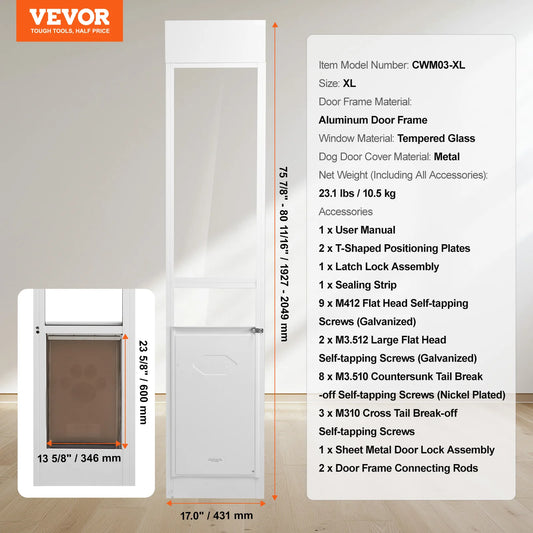 Dog Door for Sliding Glass Door Adjustable Height Aluminum Frame