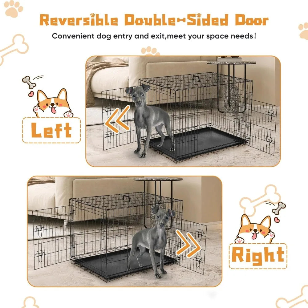 Dog Crate with Double Doors and Leakproof Pan Tray, Folding Wire