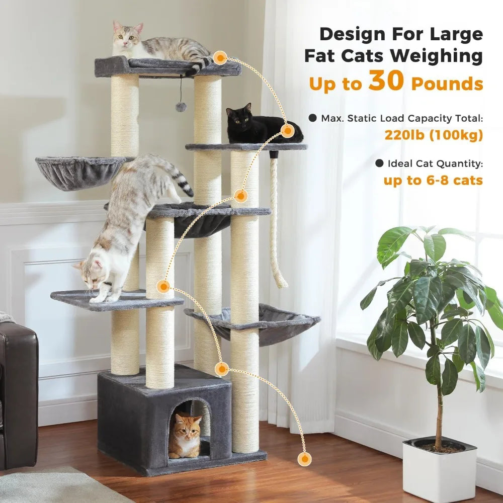 heavy duty cat tree for maine coon – 67" tall cat tower with 13 thick (φ4.3) scratching posts, xxl cat condo with super large pe