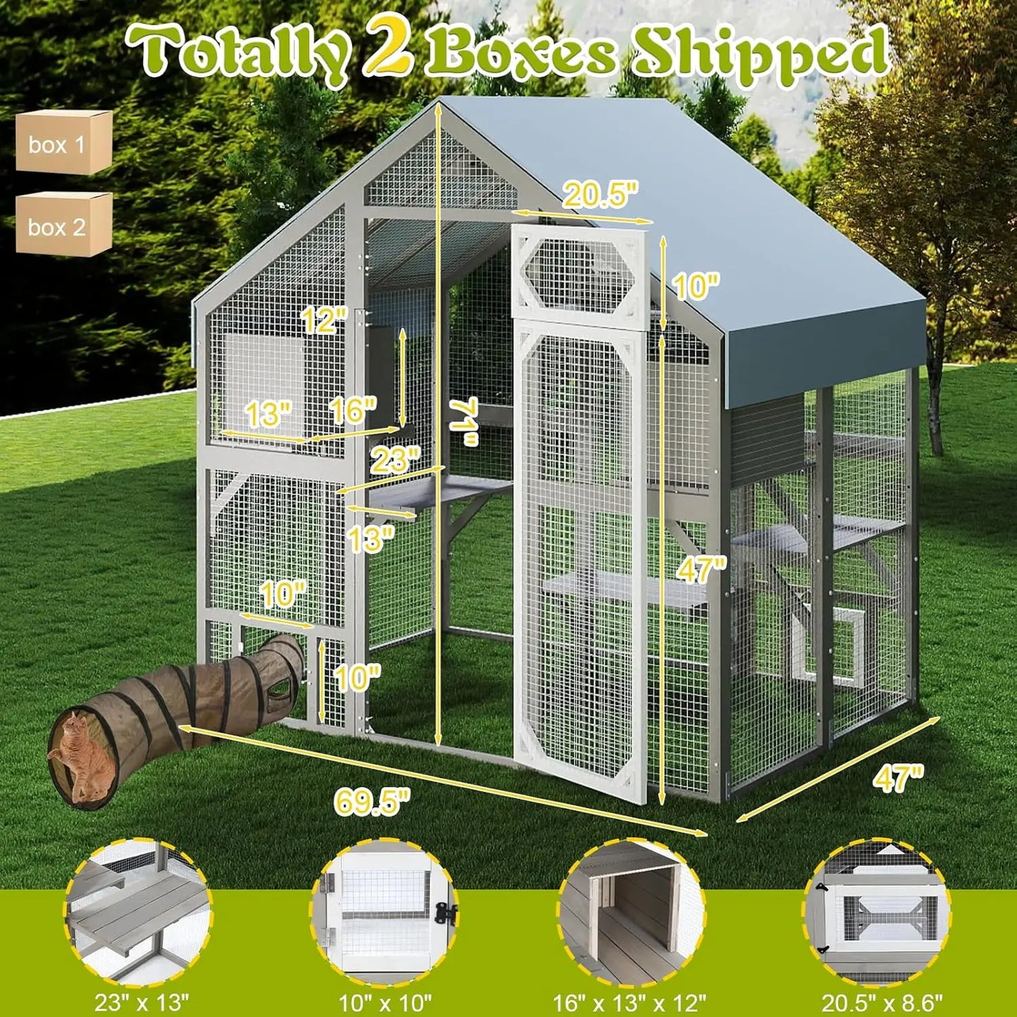 Wooden Walk-In Outdoor Cat Enclosure With Weatherproof Roof