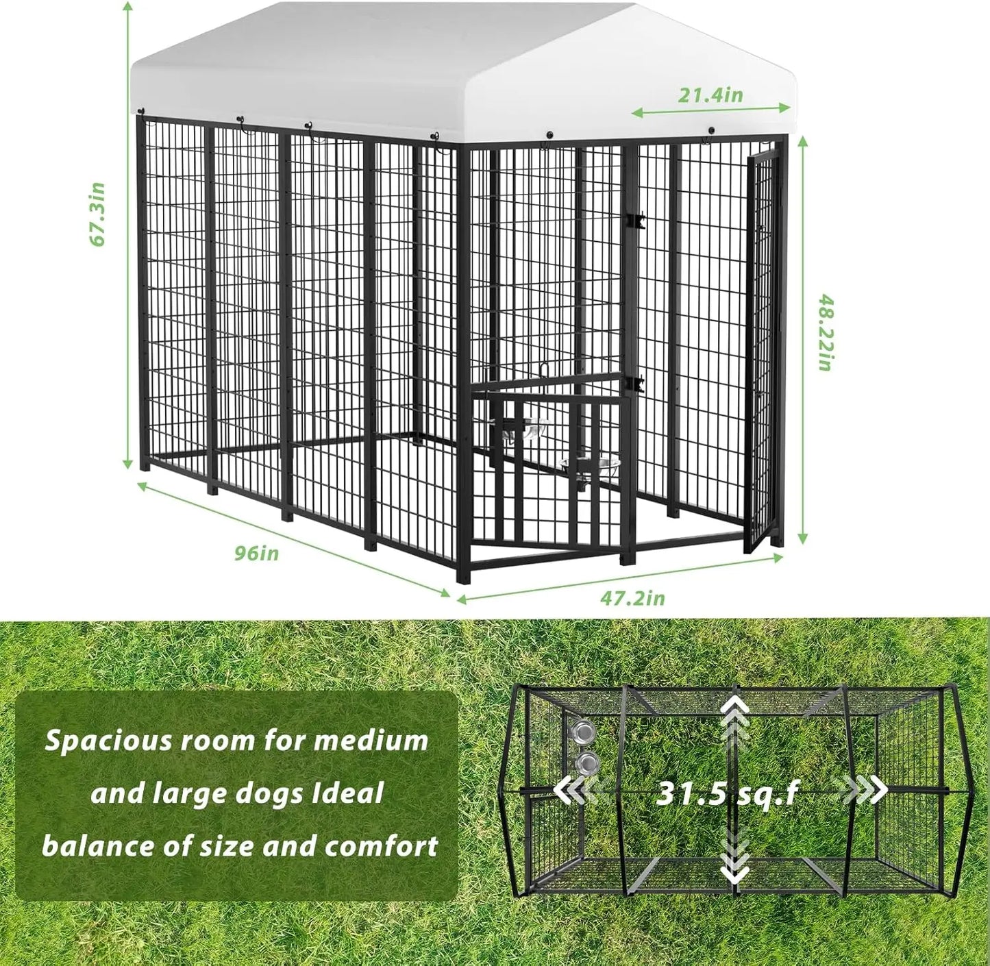 Outdoor Dog Kennel With Roof Heavy Duty Steel Run Enclosure Waterproof Canopy