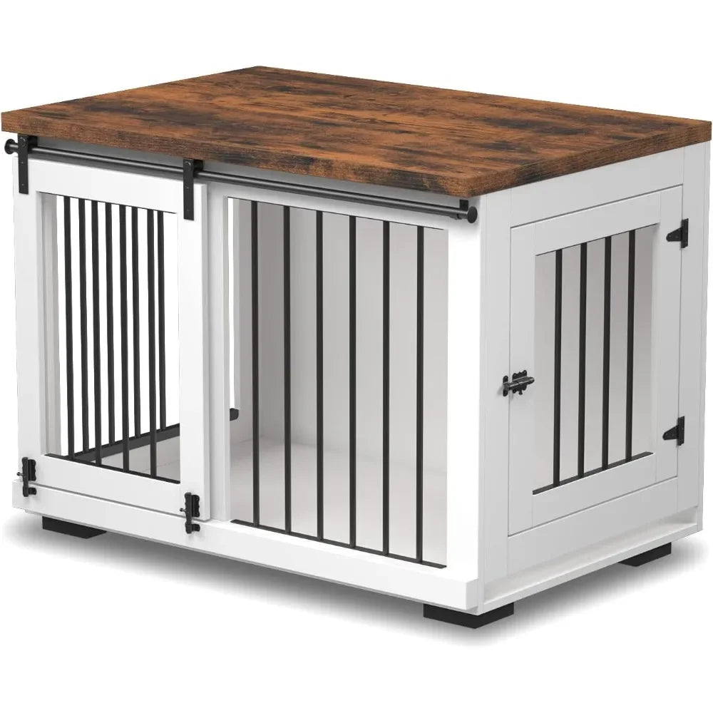 Dog Crate Furniture, Barn Door Puppy Crate with Padded Farmhouse Top and Metal Rails, White Decorative Modern Dog Crate Table