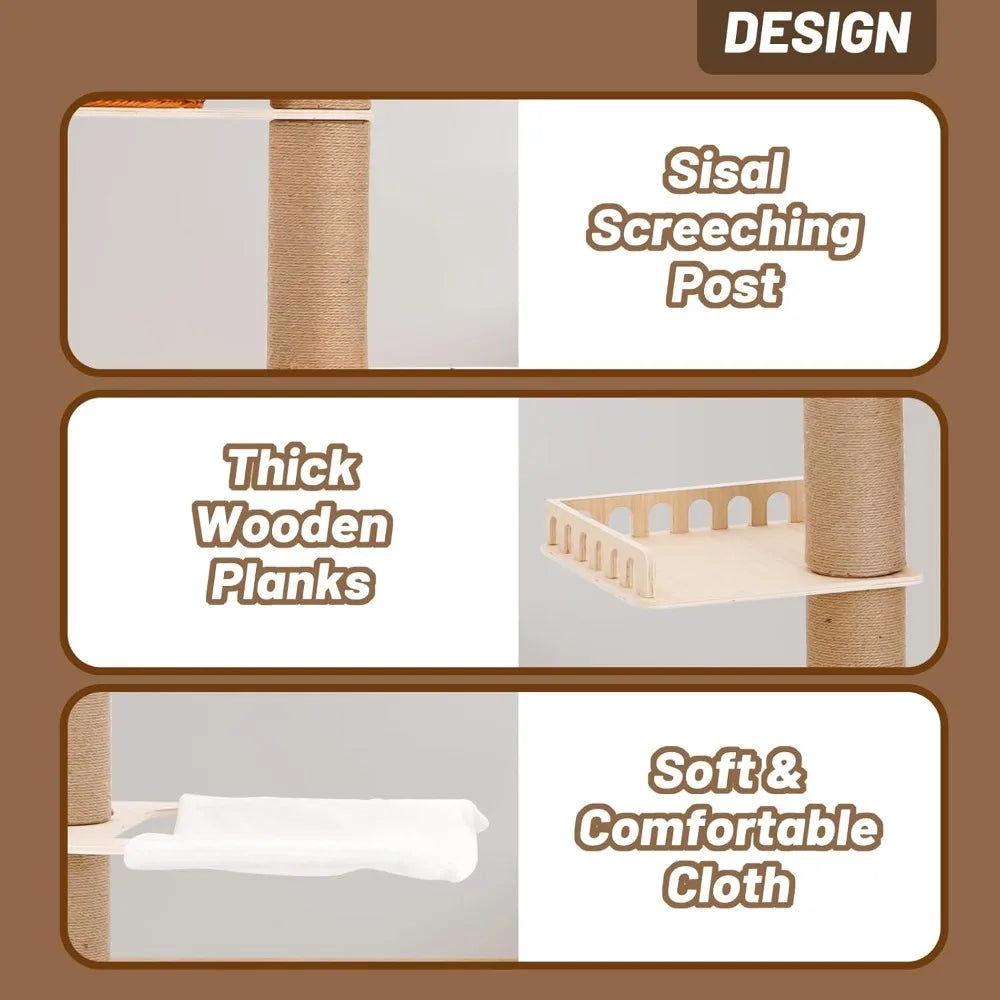 Adjustable Height Wooden Cat Tower With 6 Sisal Posts