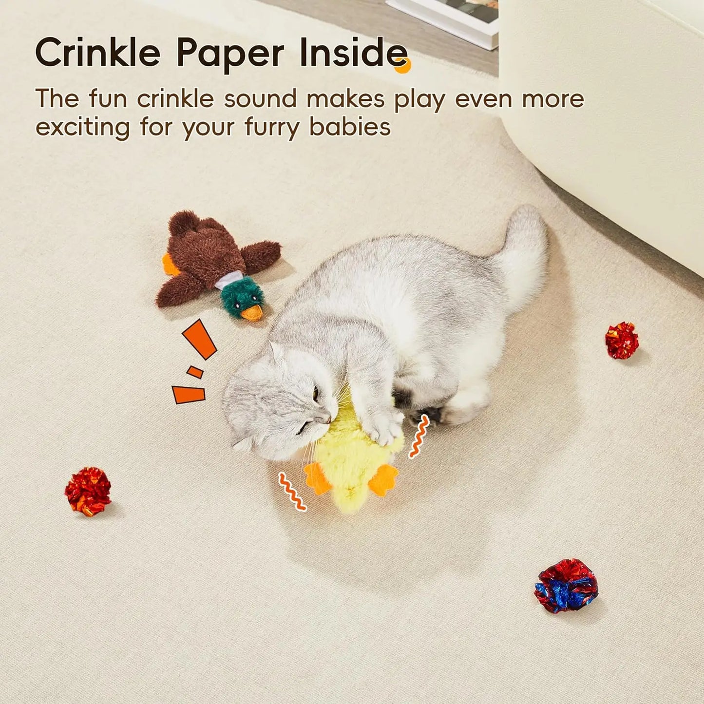 Crinkly Sound Cat Toys, 2 Pcs Mess-Free Stuffless Kitten Toy for Indoor Exercise, Durable Interactive Feline Bite Kicker