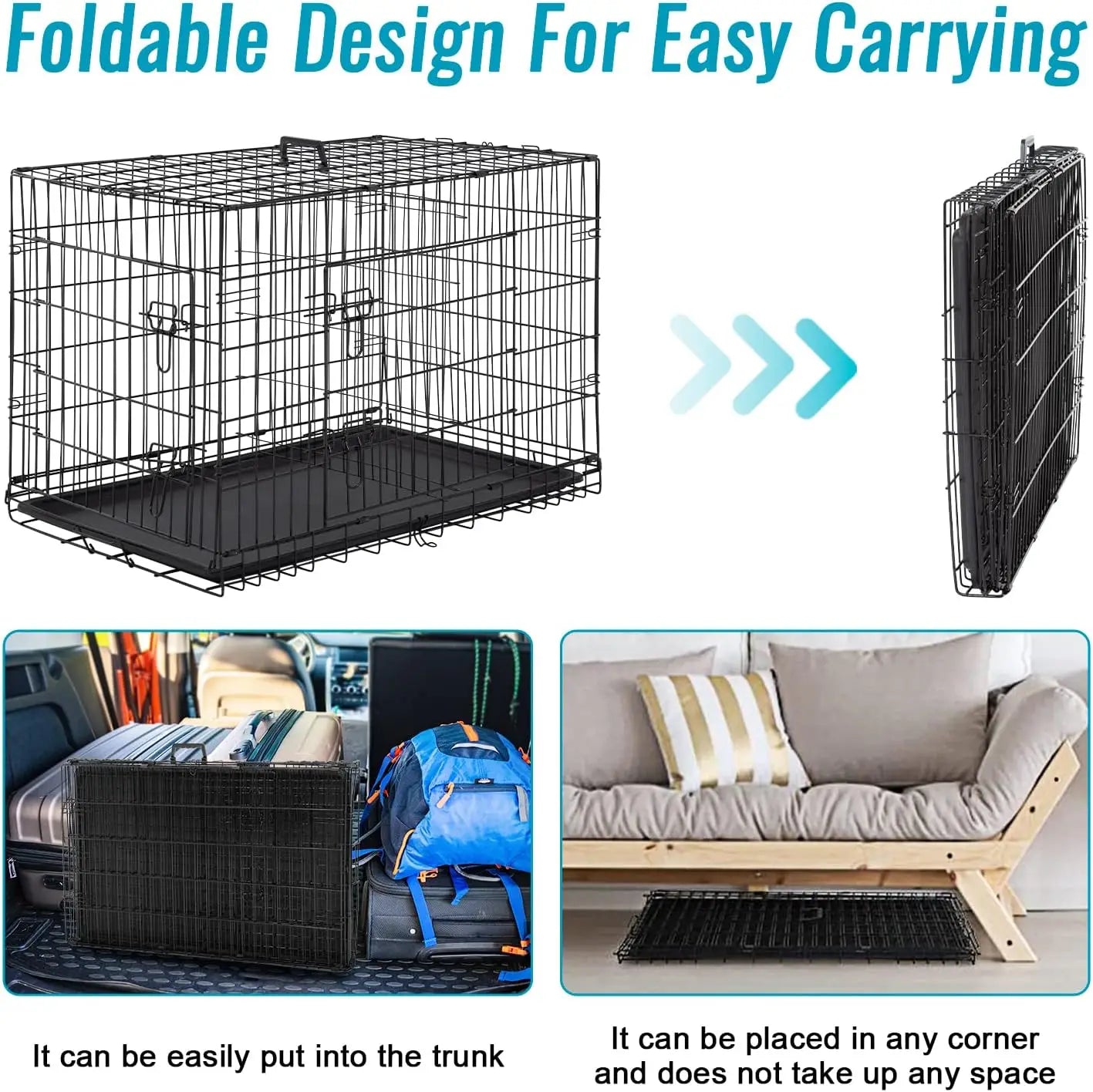 Folding Metal Dog Crate With Double Doors And Leak Proof Tray