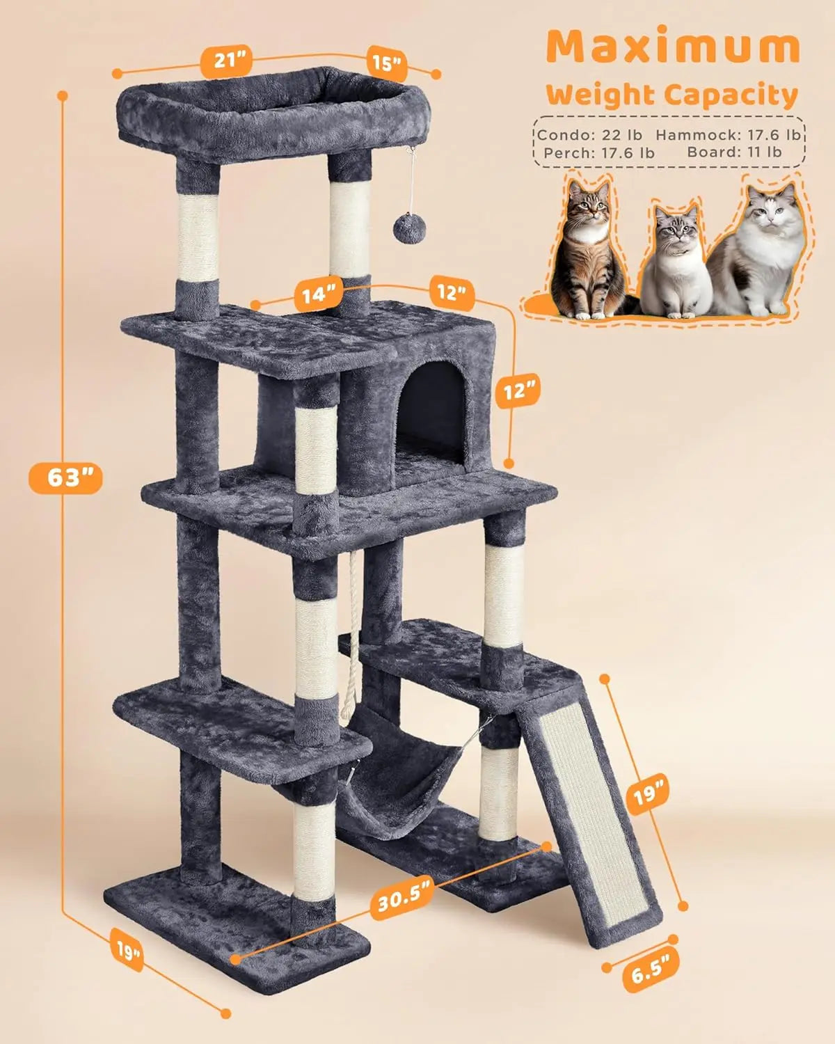 Multi-Level Cat Tree with Scratching Posts Condo Hammock Play Platform