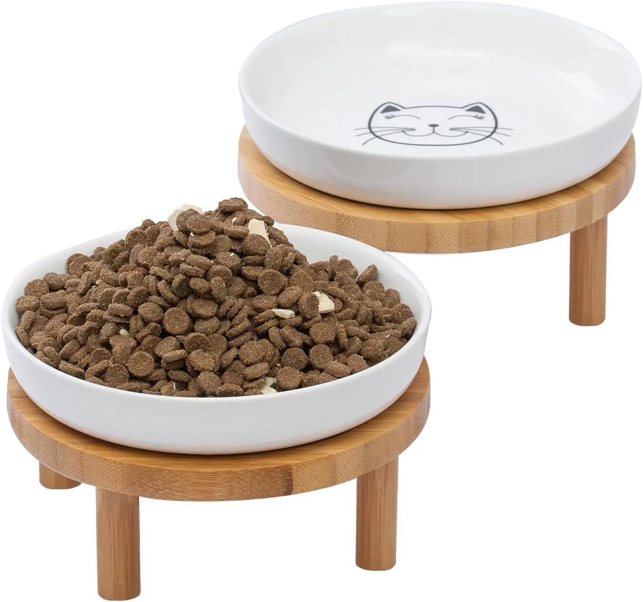 Elevated Ceramic Cat Bowls with Bamboo Stand, Whisker Friendly Pet Feeding Dishes for Indoor Cats, Set of 2