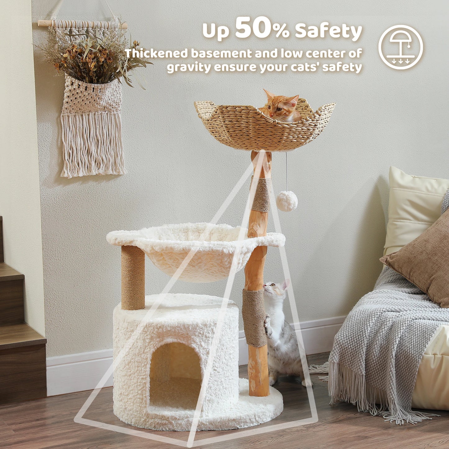 PEQULTICN Natural Wood Cat Tree Tower With Wicker Basket Indoor
