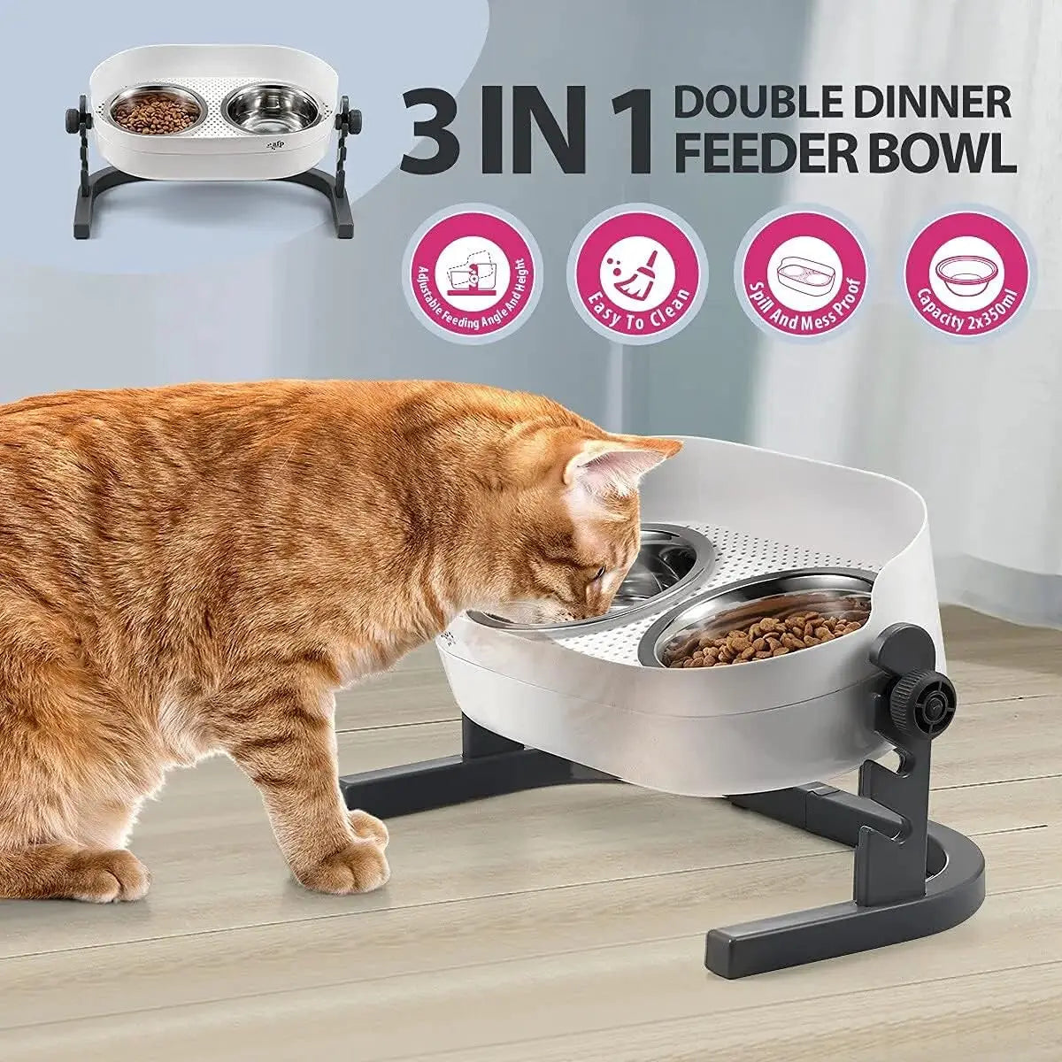 Adjustable Height Elevated Pet Bowls Stainless Steel Feeder Mess Proof for Cats Dogs All Sizes