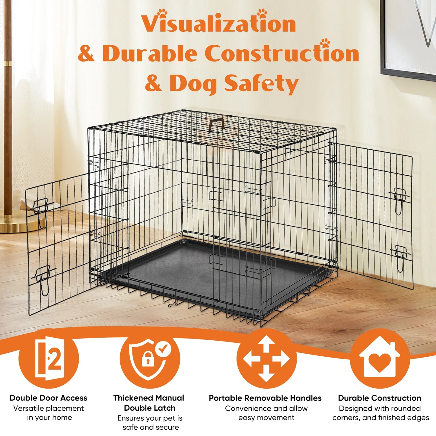 JHK Folding Metal Dog Cage With Double Door Leakproof Pan