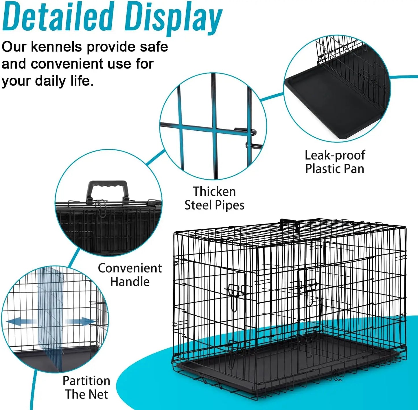 Folding Metal Dog Crate With Double Doors And Leak Proof Tray