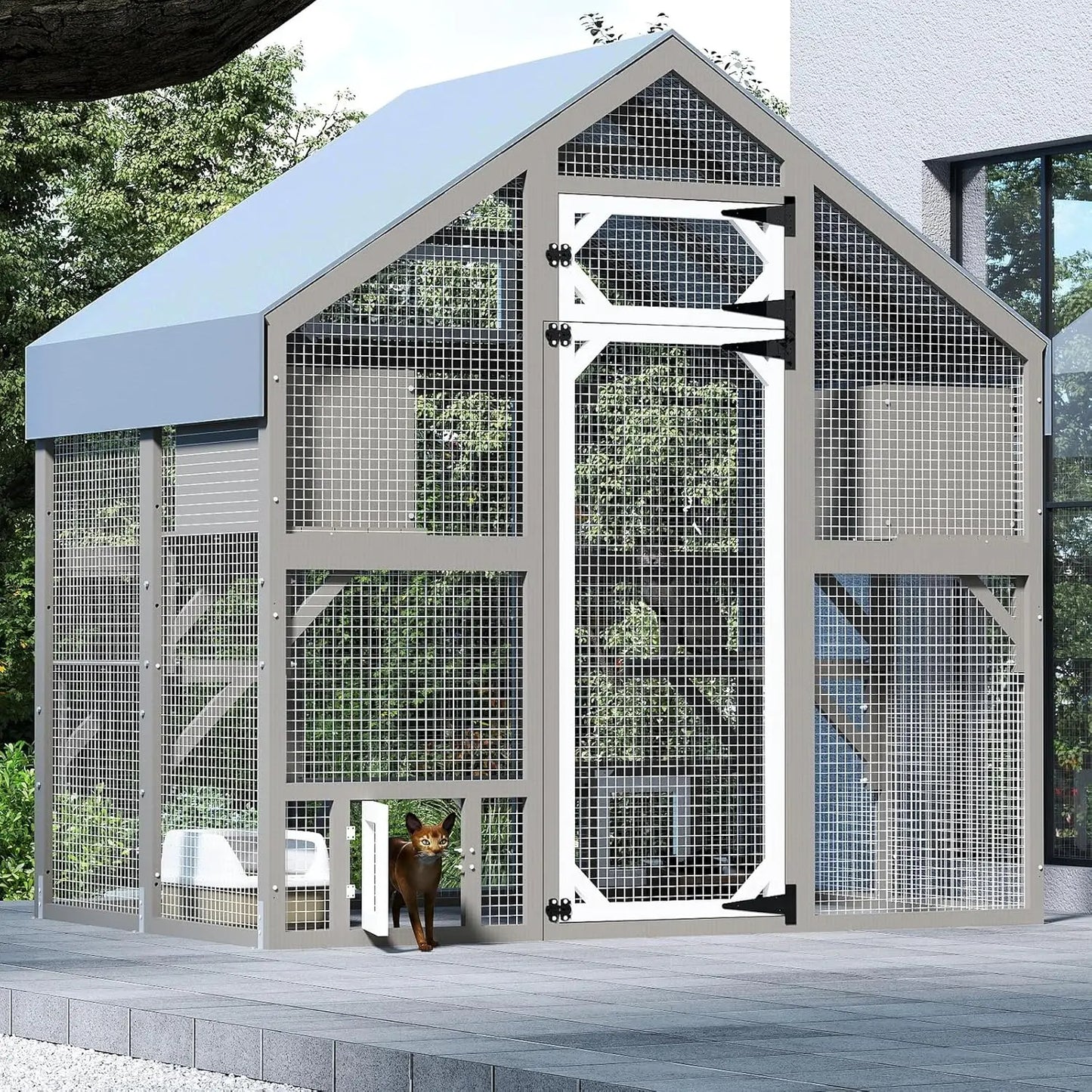 Wooden Walk-In Outdoor Cat Enclosure With Weatherproof Roof