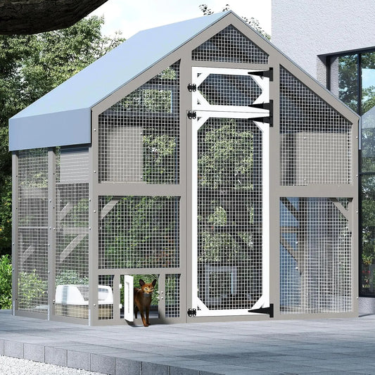 Wooden Walk-In Outdoor Cat Enclosure With Weatherproof Roof