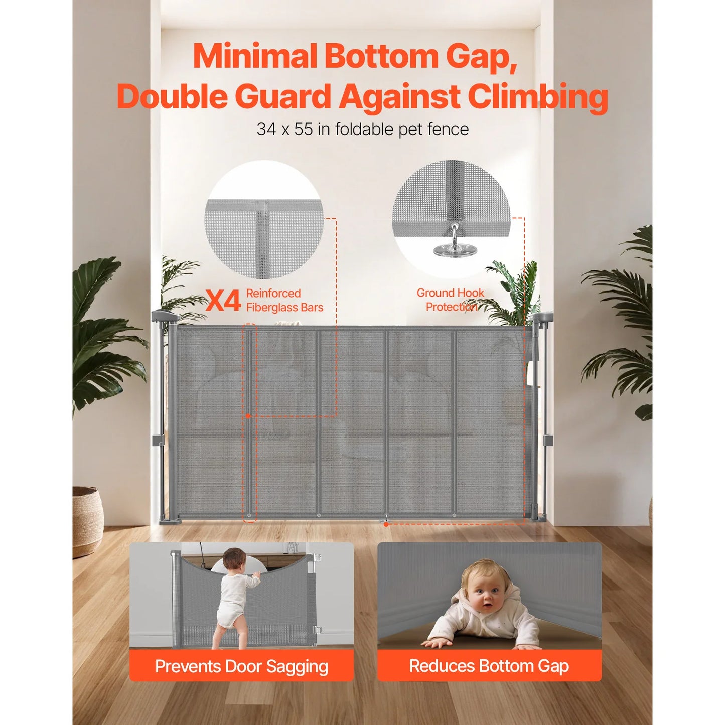 SucceBuy 55/71/110in Retractable Baby Gate 34in Tall Extends Wide Retractable Gate for Kids Pets Mesh Material Easy to Install