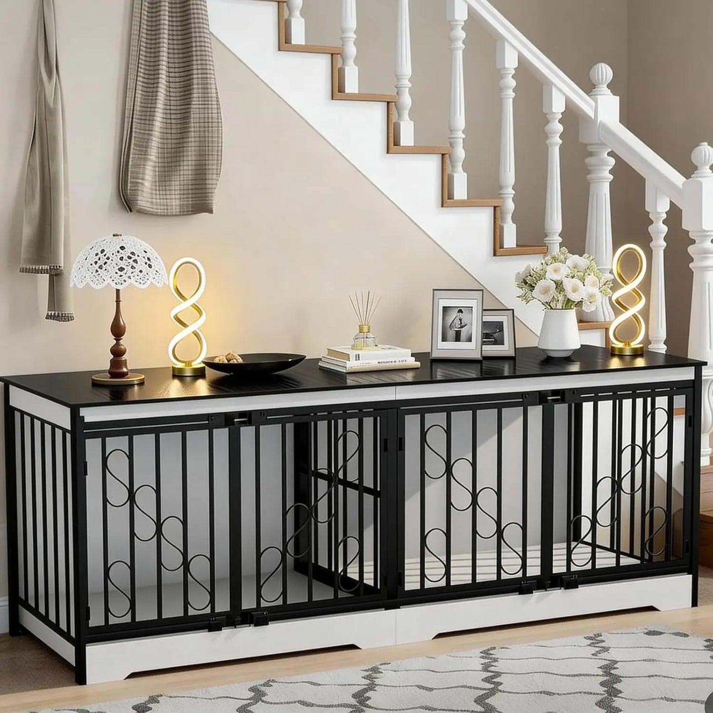 71' Black & White Double Dog Crate Furniture for 2 Dogs, Heavy Duty Wooden Dog Kennel Furniture