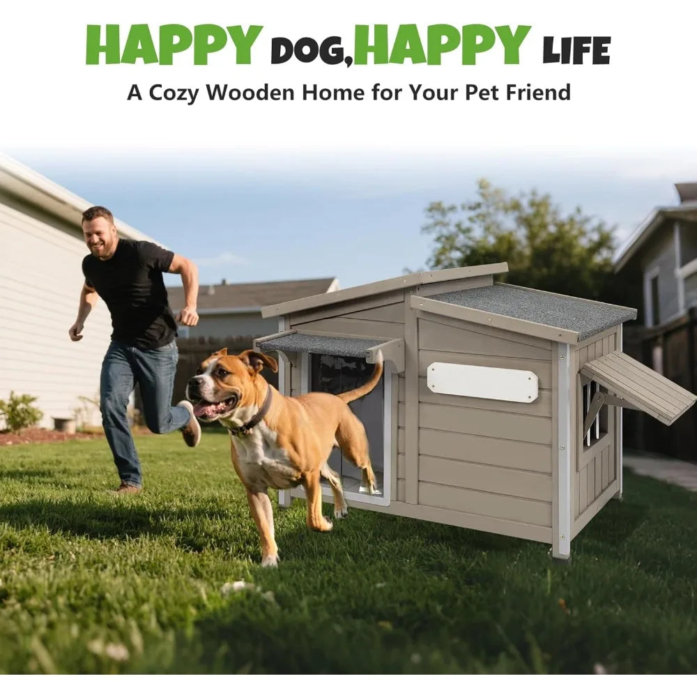 Outdoor Wooden Dog House With Adjustable Vent Windows Weatherproof