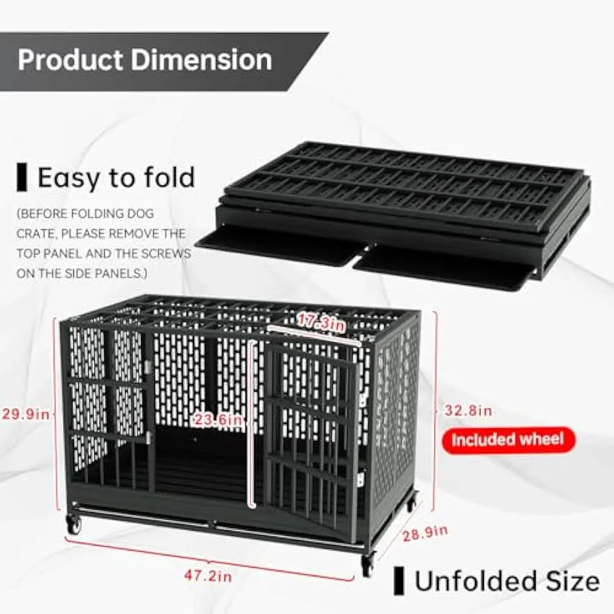 48-Inch Heavy-Duty Dog Crate with Wheels, Folding Metal Cage for Large Dogs, XL XXL Size with Removable Tray