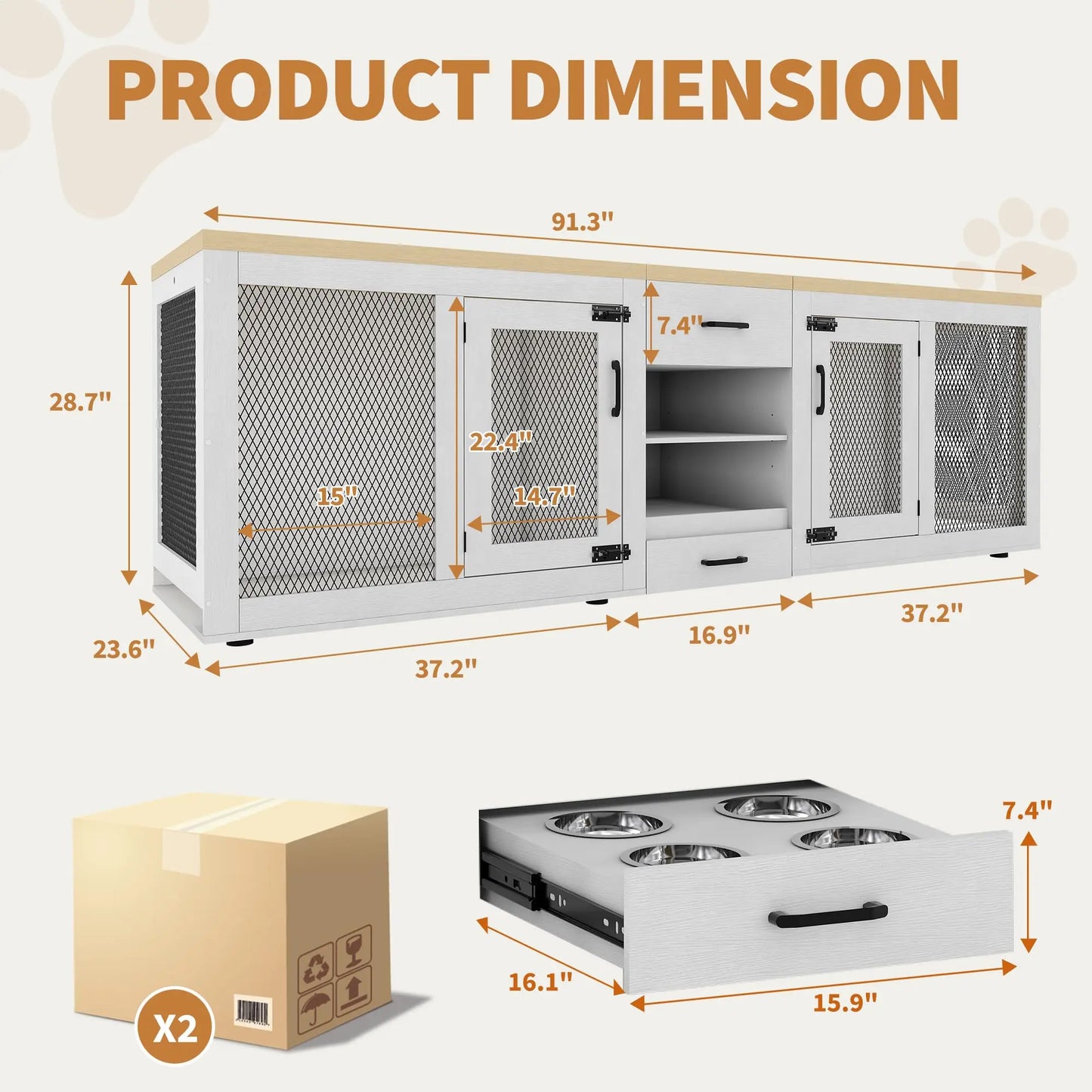 HiMISS Double Dog Crate Furniture TV Stand With Feeding Station