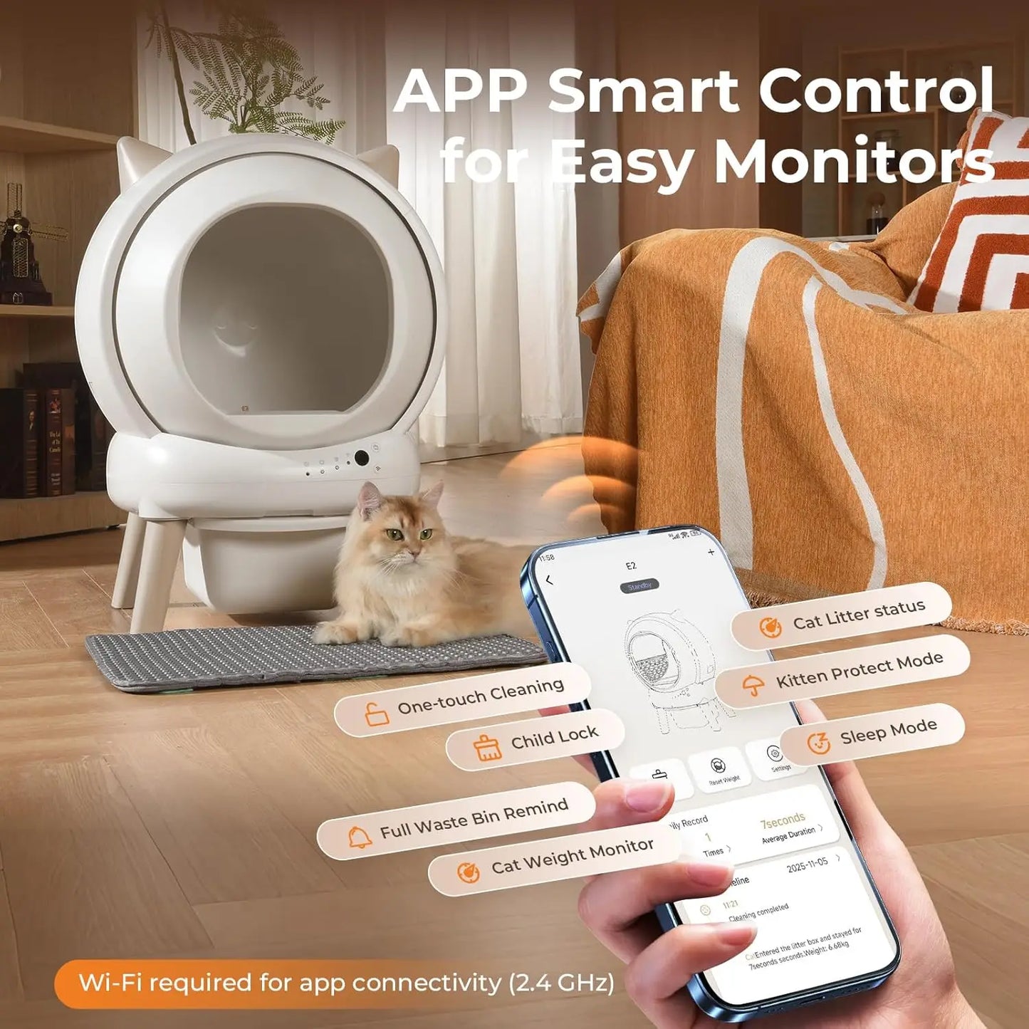 Automatic Cat Litter Box - E2 Self Cleaning Litter Box Smart Robot for Multiple Cats, APP Real-Time Monitor, Weight, Customized