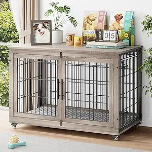Dog Crate Furniture with Cushion Set of 2, Wooden Dog Kennel Indoor with Double Doors, Dog Cage with Wheels, House Side End