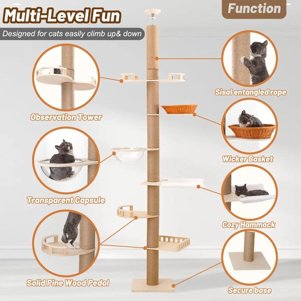 Adjustable Height Wooden Cat Tower With 6 Sisal Posts