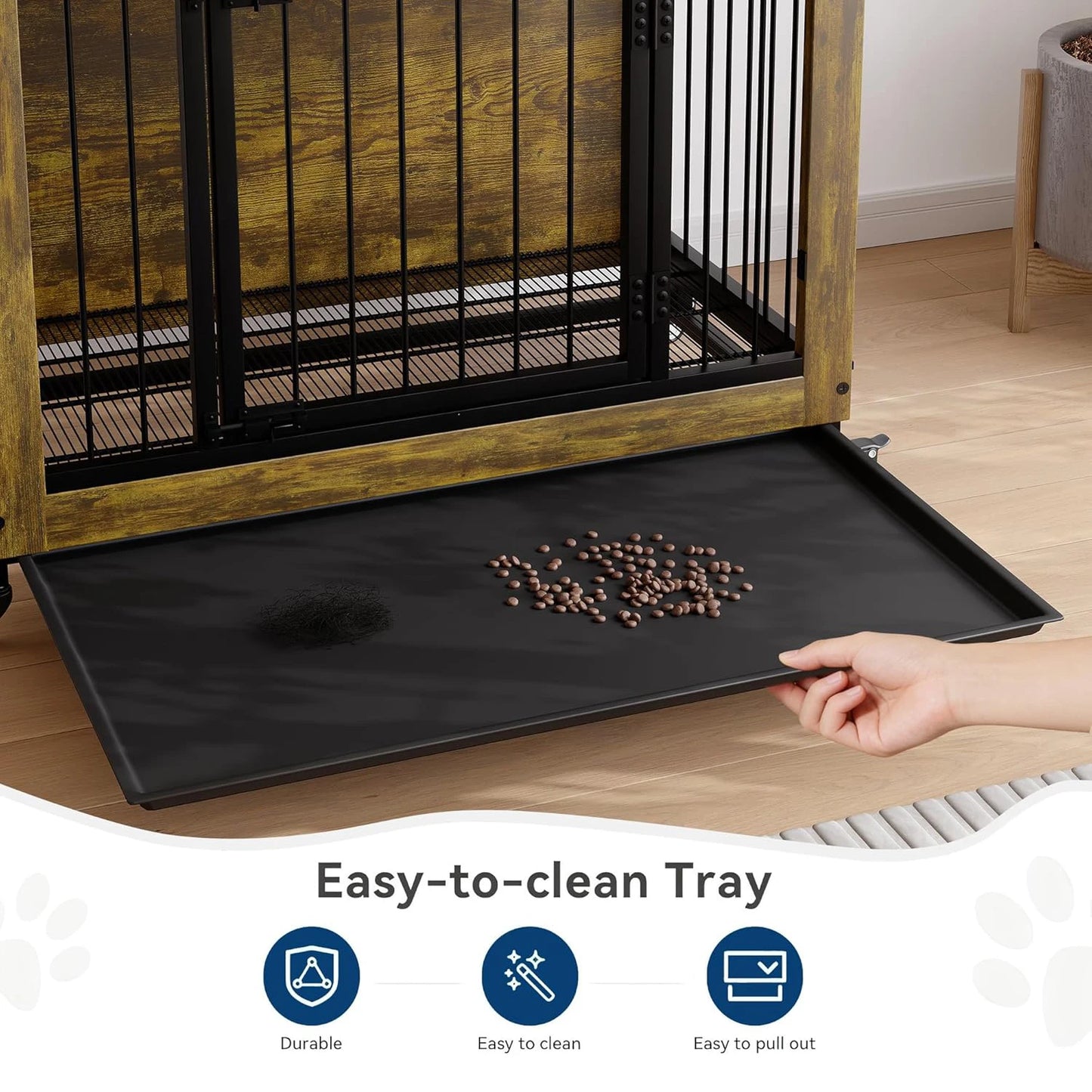 38.6" Rustic Wood Dog Crate Furniture 2-in-1 Chew Resistant with 3 Doors Locking Wheels Removable Tray Dog Kennel Side Table