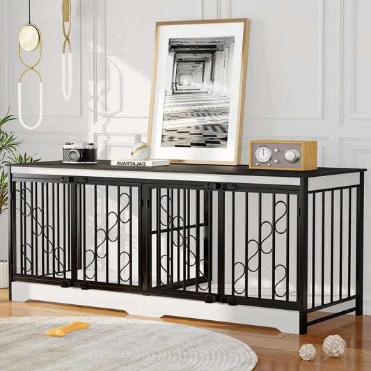 71' Black & White Double Dog Crate Furniture for 2 Dogs, Heavy Duty Wooden Dog Kennel Furniture