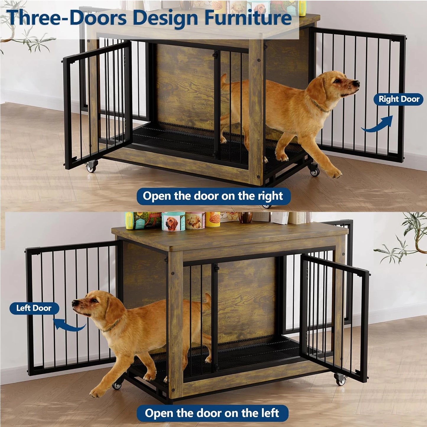 38.6" Rustic Wood Dog Crate Furniture 2-in-1 Chew Resistant with 3 Doors Locking Wheels Removable Tray Dog Kennel Side Table