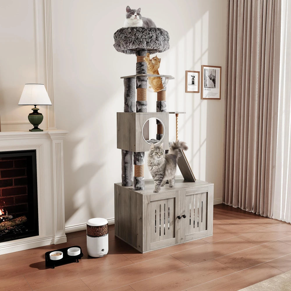 HiMISS Cat Tree With Litter Box Enclosure Storage Cabinet