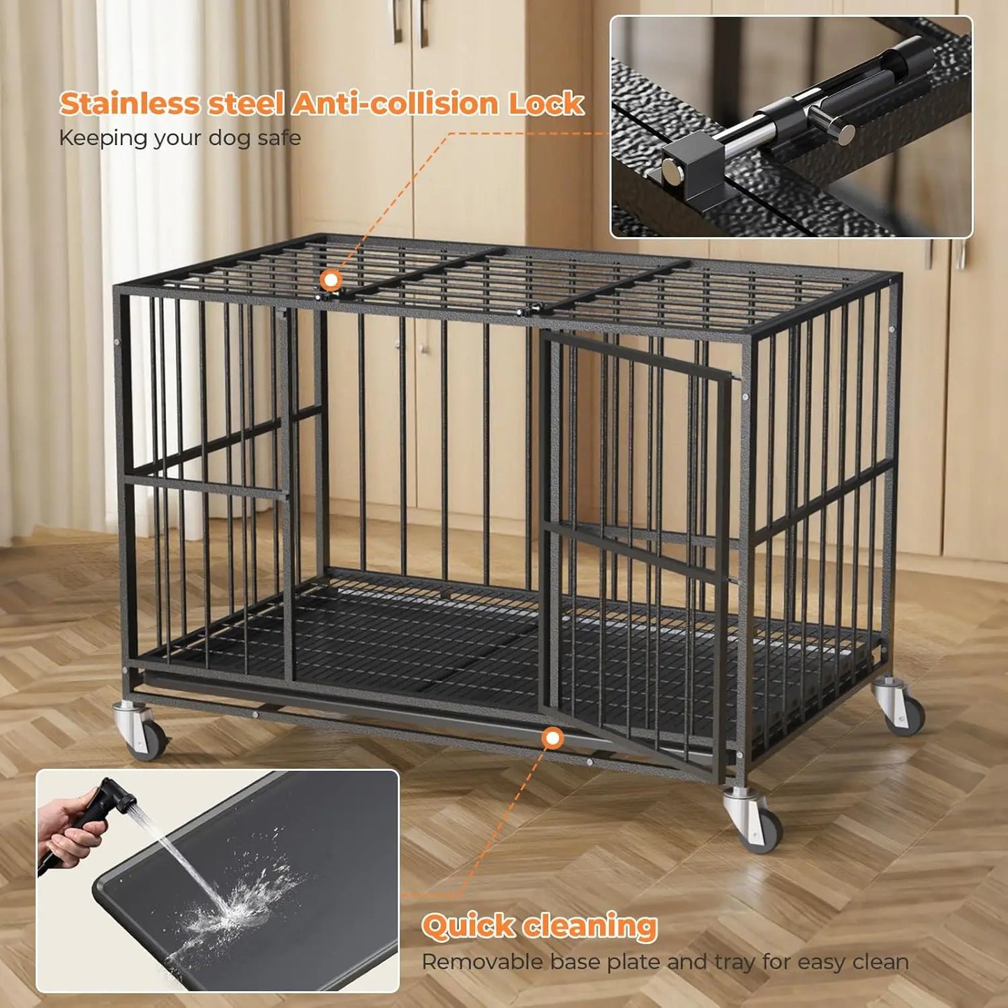 Heavy Duty Dog Crate Steel Double Door With Removable Tray
