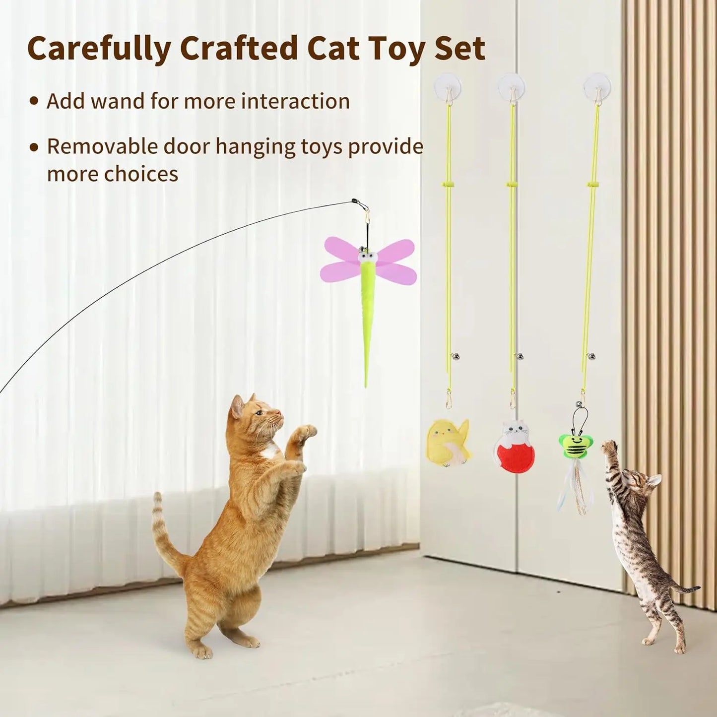 Interactive Cat Toys Set with Wand, 8 Teaser Refills & 3 Hanging Toys for Adult Cats and Kittens Play Exercise
