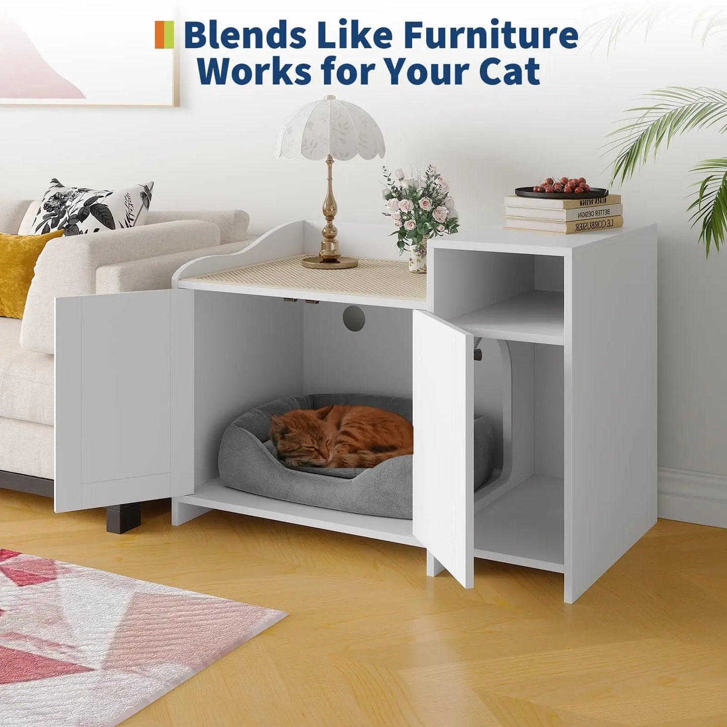 2 In 1 Hidden Cat Litter Box Enclosure & Sofa End Table, Dog Proof Wooden Cabinet Indoor Pet House with Storage Shelf/Doors