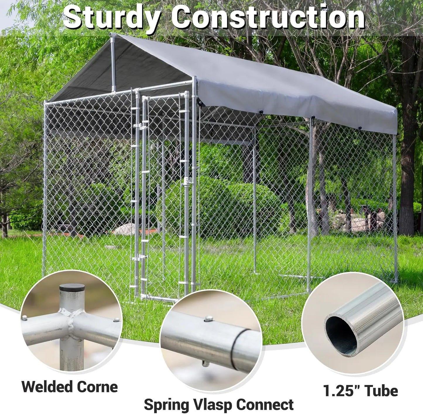 Galvanized Outdoor Dog Kennel With Roof Waterproof UV-Resistant Cover