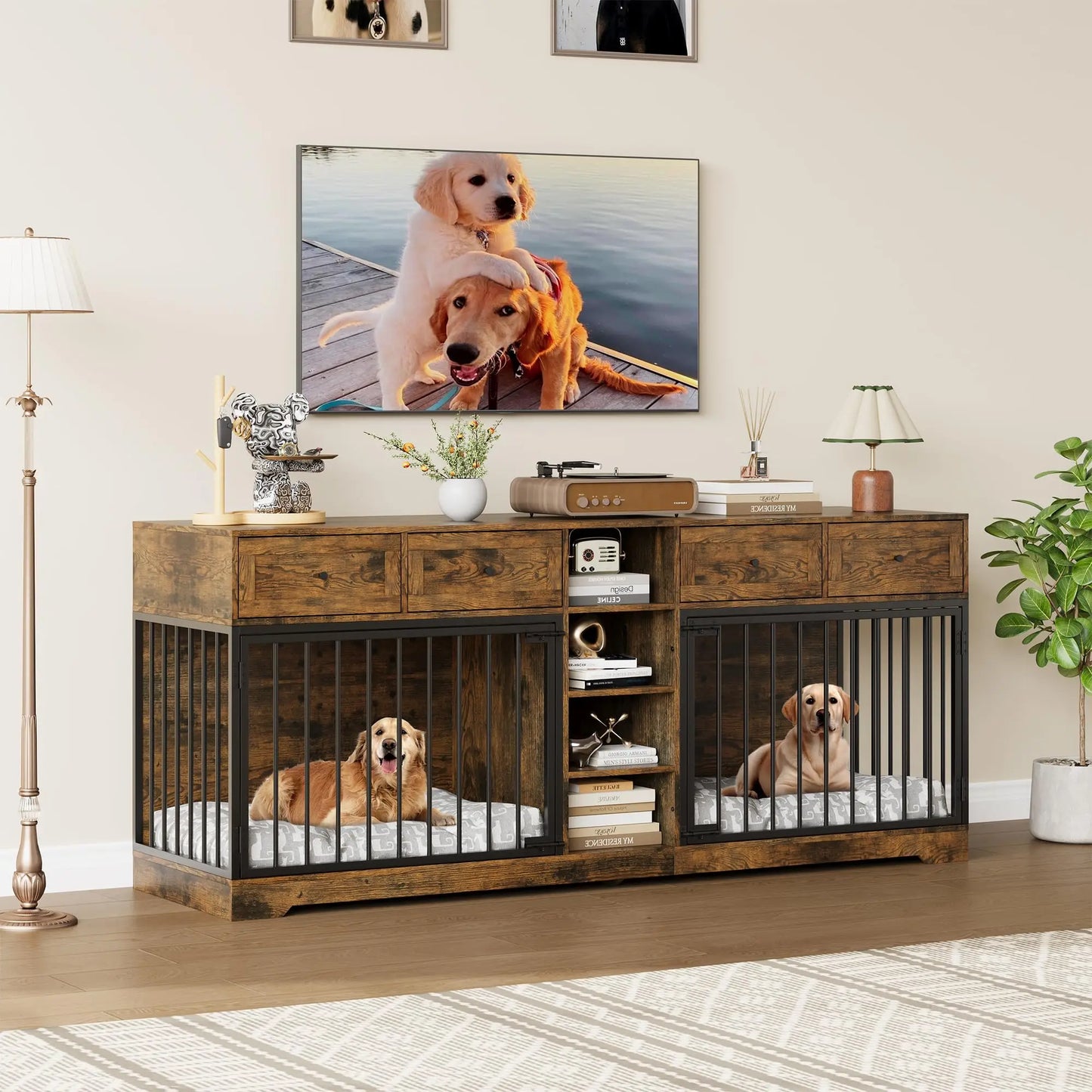 HiMISS Heavy-Duty Double Dog Crate Furniture TV Stand With Drawers
