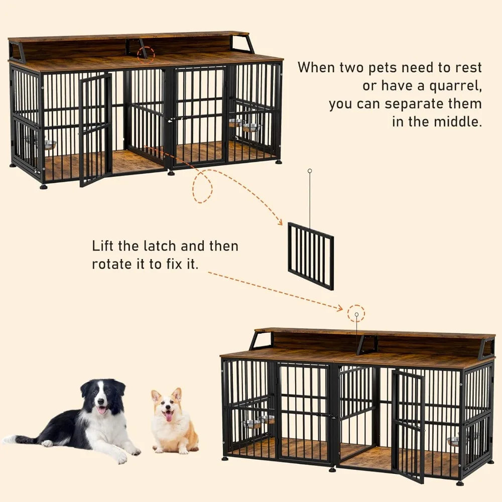 Extra Large Double Dog Cage for Two Dogs, 72 Inch Thick Wooden Crate with Storage Rack for Large Breeds
