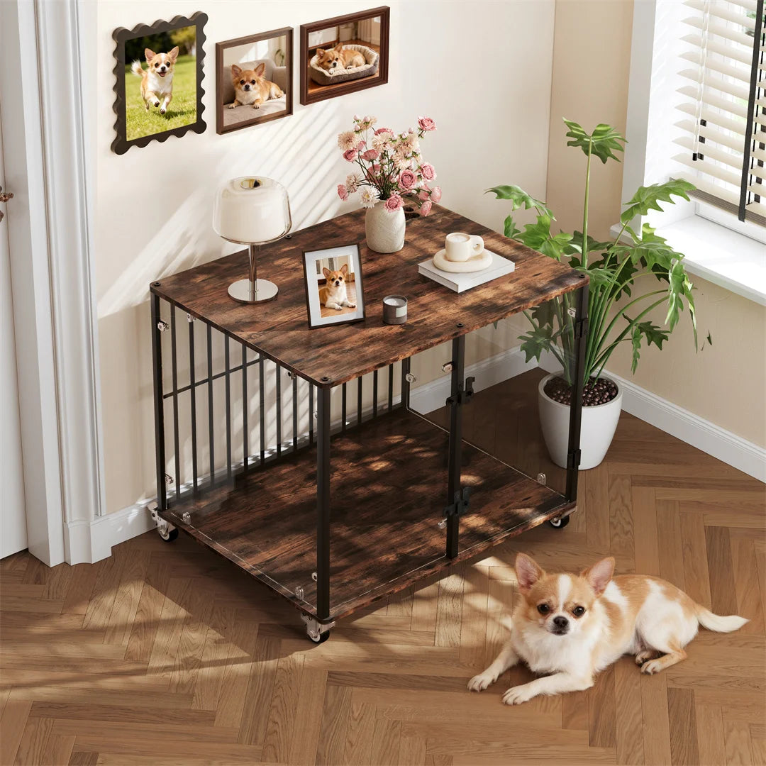 BINGOPAW Indoor Dog Cage: Furniture Style Tempered Glass Dog Pet Cage Dog Kennel End Table Crate with Smooth Rolling Wheels