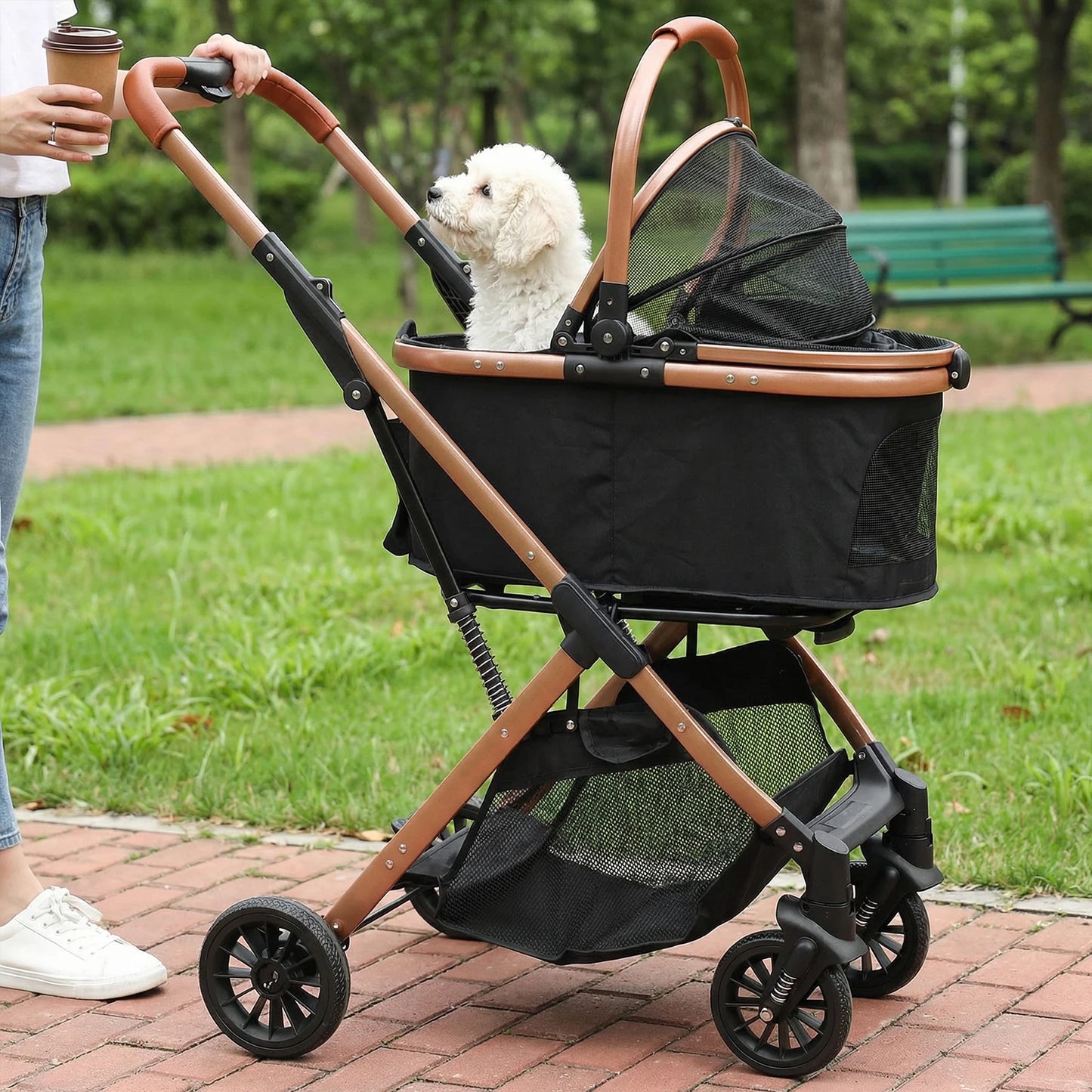 Folding Stroller All Terrain 4 Wheels Foldable Travel Jogger with Detachable Carrier with Sun Shades for Small Medium Dogs Cats