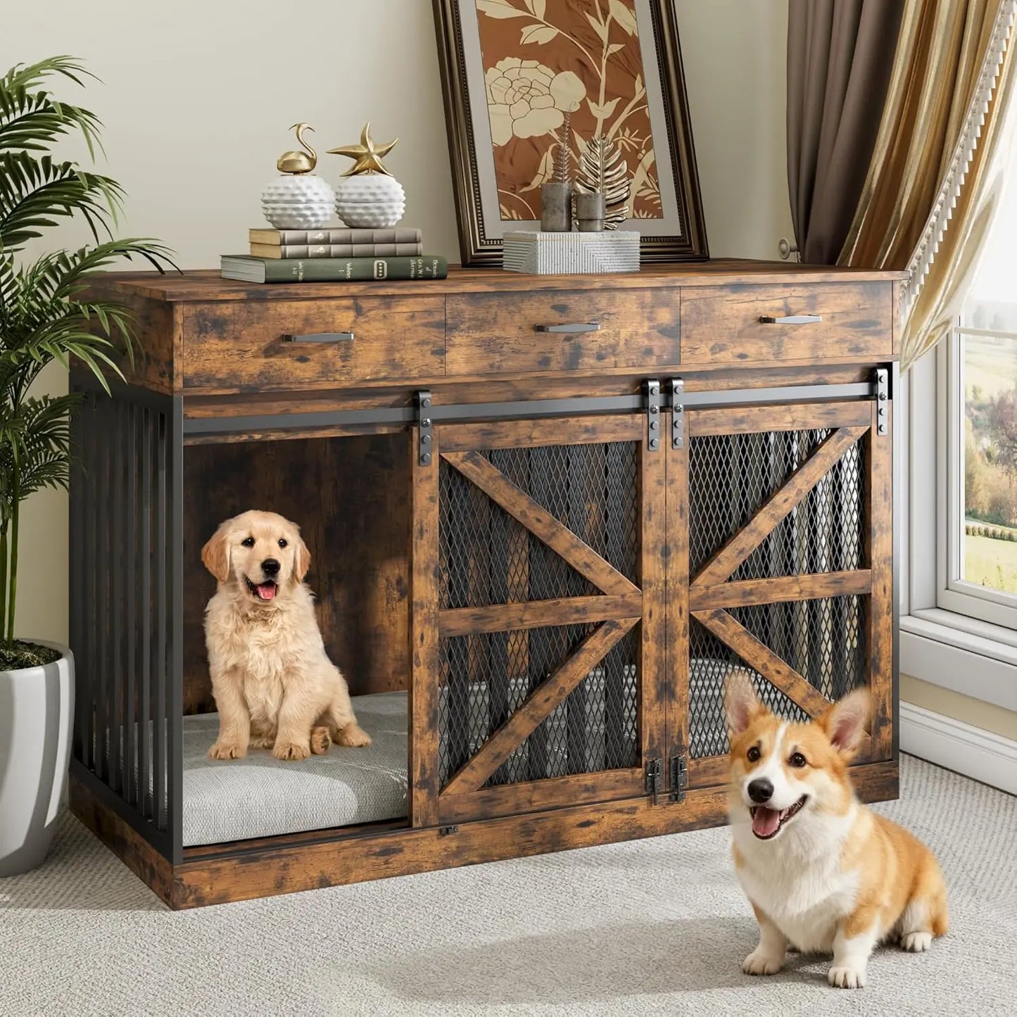 2in1 Wooden Dog Crate With Removable Divider And 3 Drawers