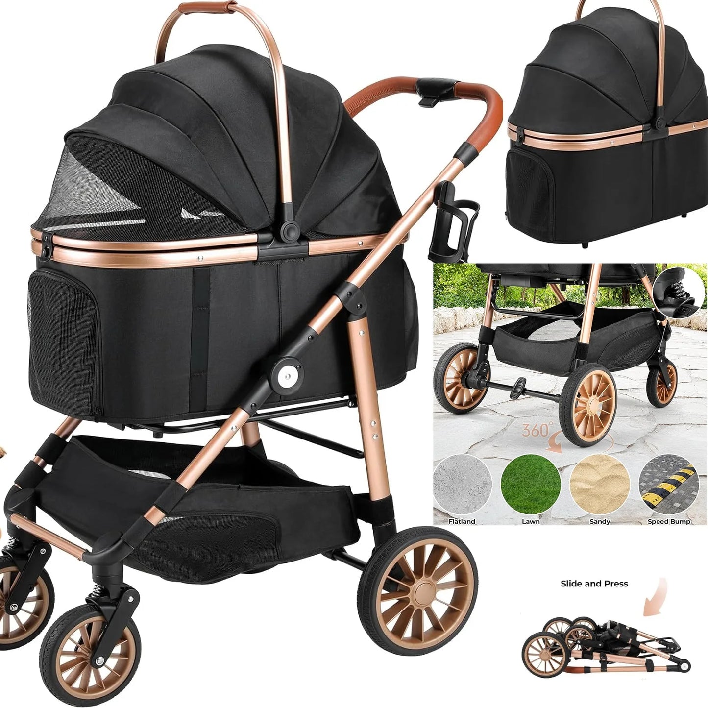 360 Degree High Wheels Foldable Pet Stroller 2in1 Dog Cat Buggy Max Load 25 Kg