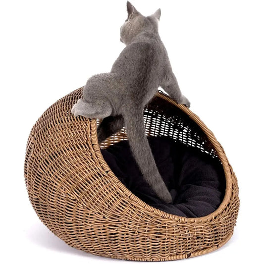 D+GARDEN Wicker Cat Bed Dome or Medium Indoor Cats - a Covered Cat Hideaway Hut o aux Rattan Houses Pets in Dome Basket, Washabl
