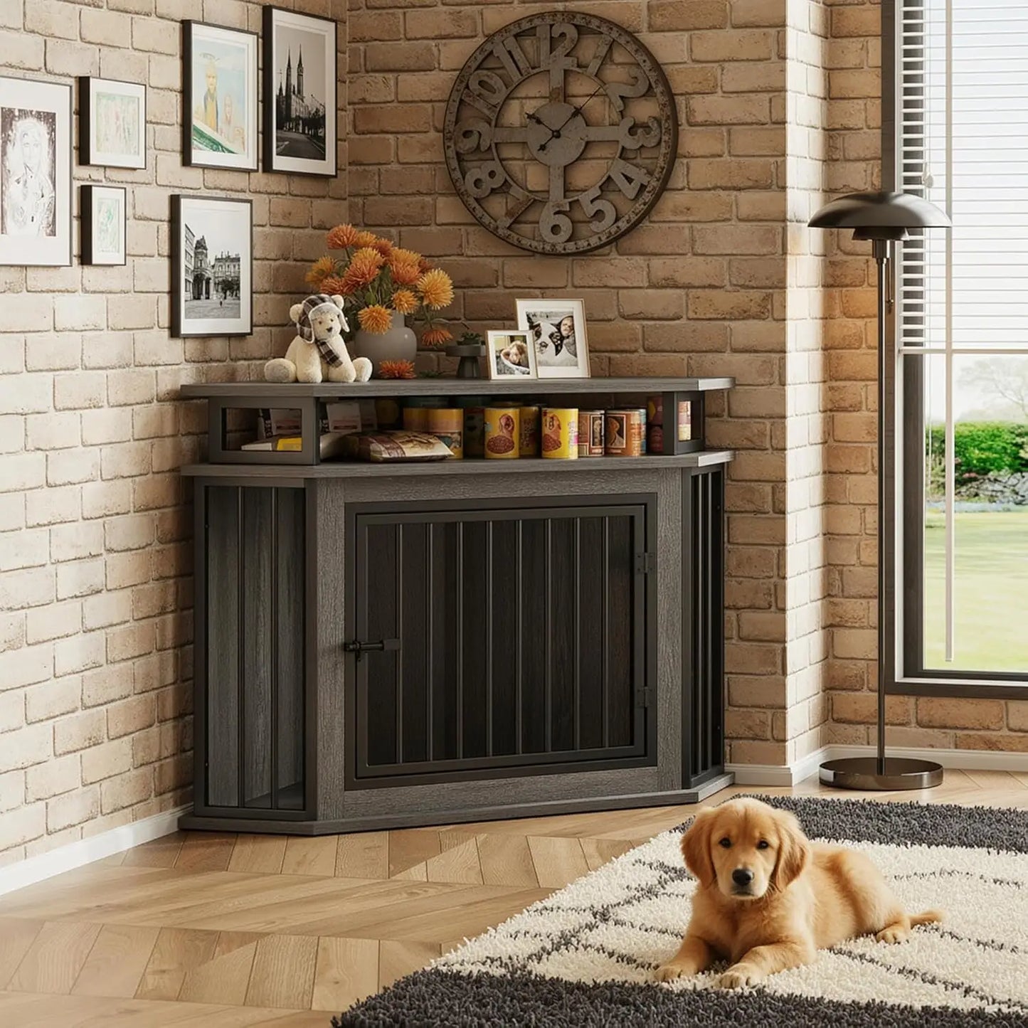 44" Corner Dog Crate with 2-Tier Shelves, Wooden Kennel Furniture for TV Stand, Indoor Pet Enclosure for Small/Medium Dogs