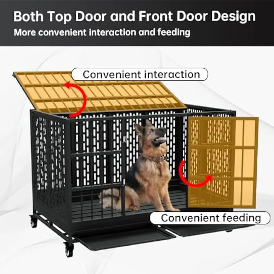 48-Inch Heavy-Duty Dog Crate with Wheels, Folding Metal Cage for Large Dogs, XL XXL Size with Removable Tray