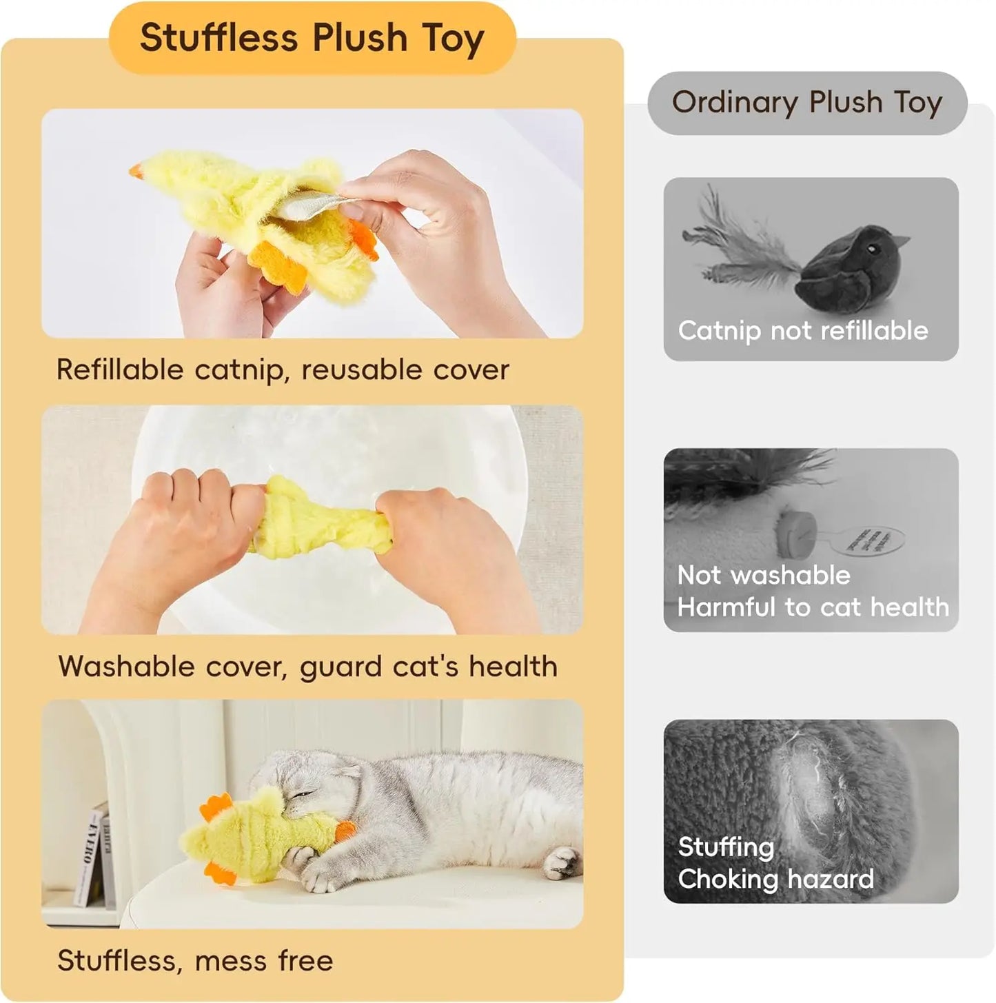 Crinkly Sound Cat Toys, 2 Pcs Mess-Free Stuffless Kitten Toy for Indoor Exercise, Durable Interactive Feline Bite Kicker